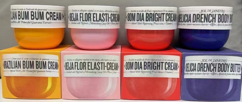 Brazilian Bum Bum Cream(yellow) Beija Flor™ Elasti-Cream(pink) Bom Dia Bright™ Body Cream(red) Delícia Drench™ Body Butter(purple)